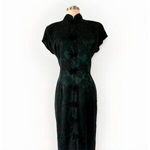 Vintage La Belle Womens Asian Midi Dress 10 Green Print 90s USA Frog Fastener